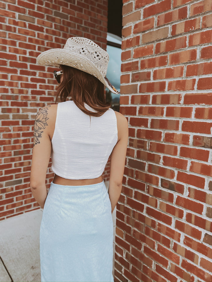 The Head in the Clouds Light Blue Midi Skirt