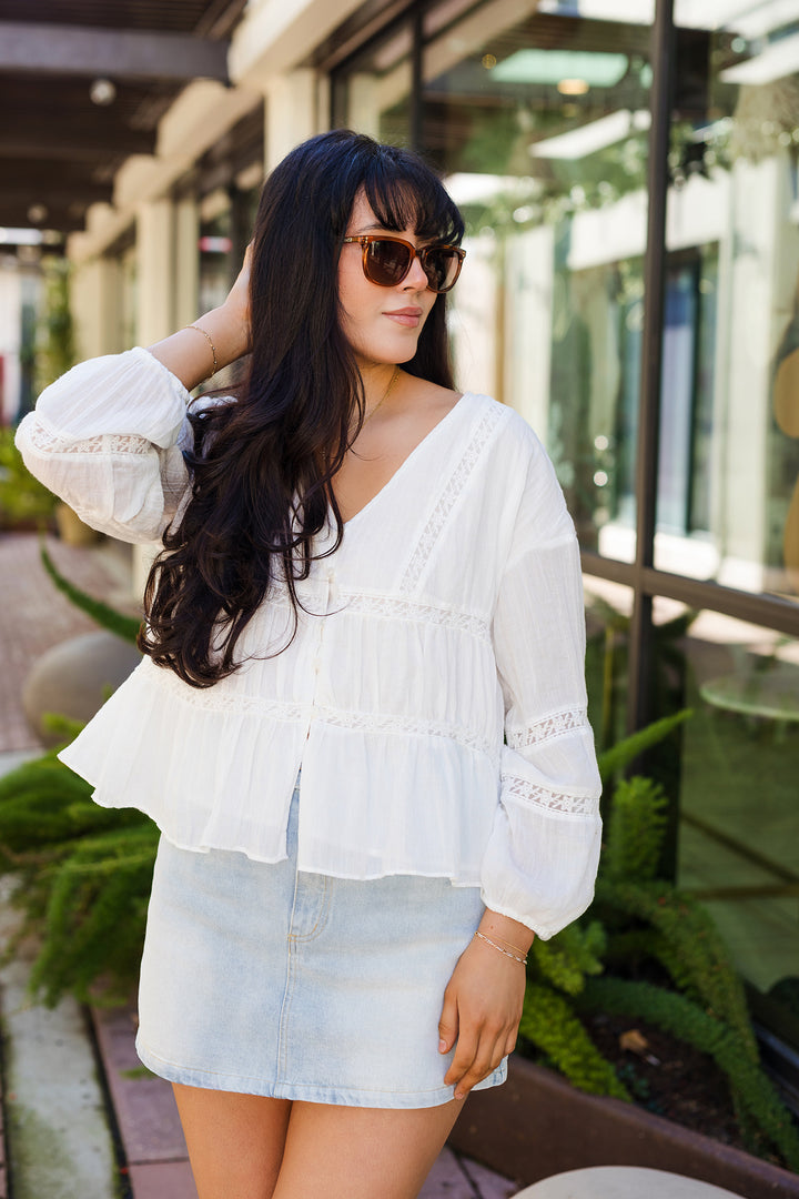 The Summer Romance White Ruffled Long Sleeve Top