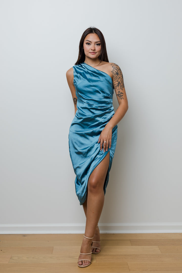 The Wedding Guest Satin Ruched Midi Dress