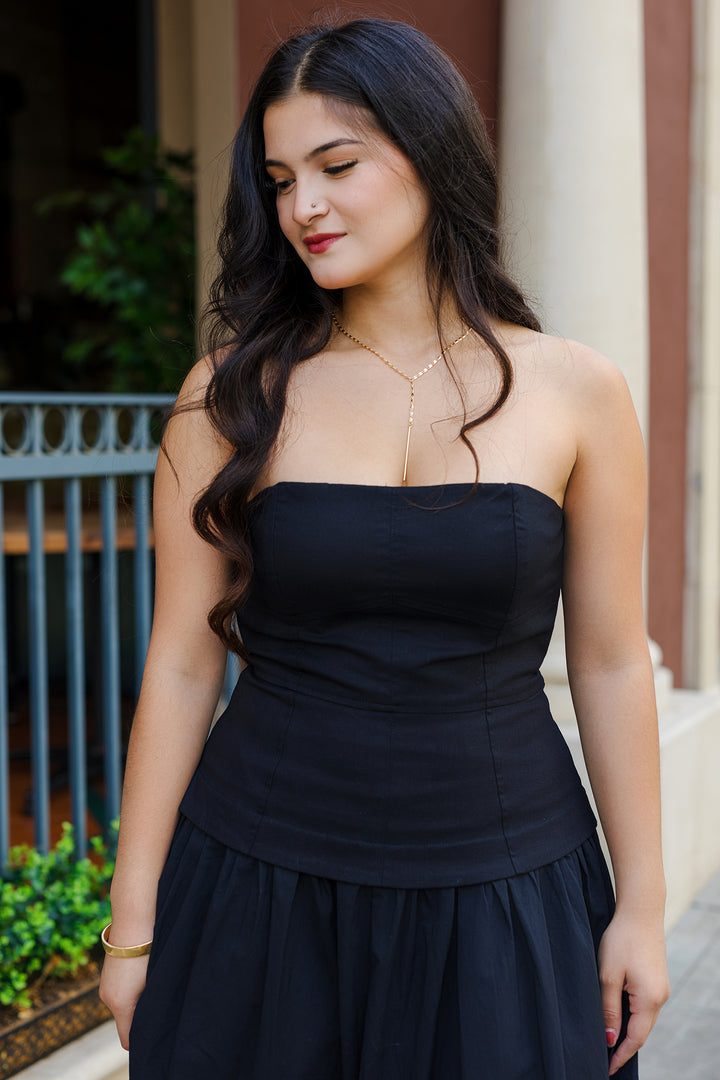 The First In Class Strapless Drop Waist Midi Dress
