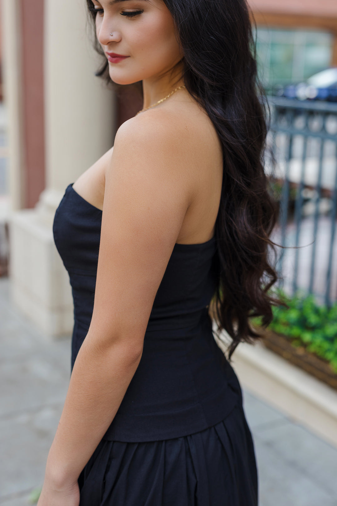 drop waist strapless midi dress DROP-WAIST STRAPLESS TWILL DRESS