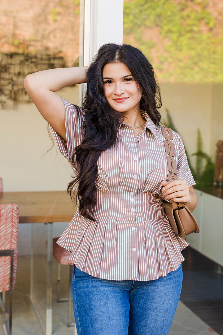 The Sure Thing Coco Striped Pleated Short Sleeve Blouse