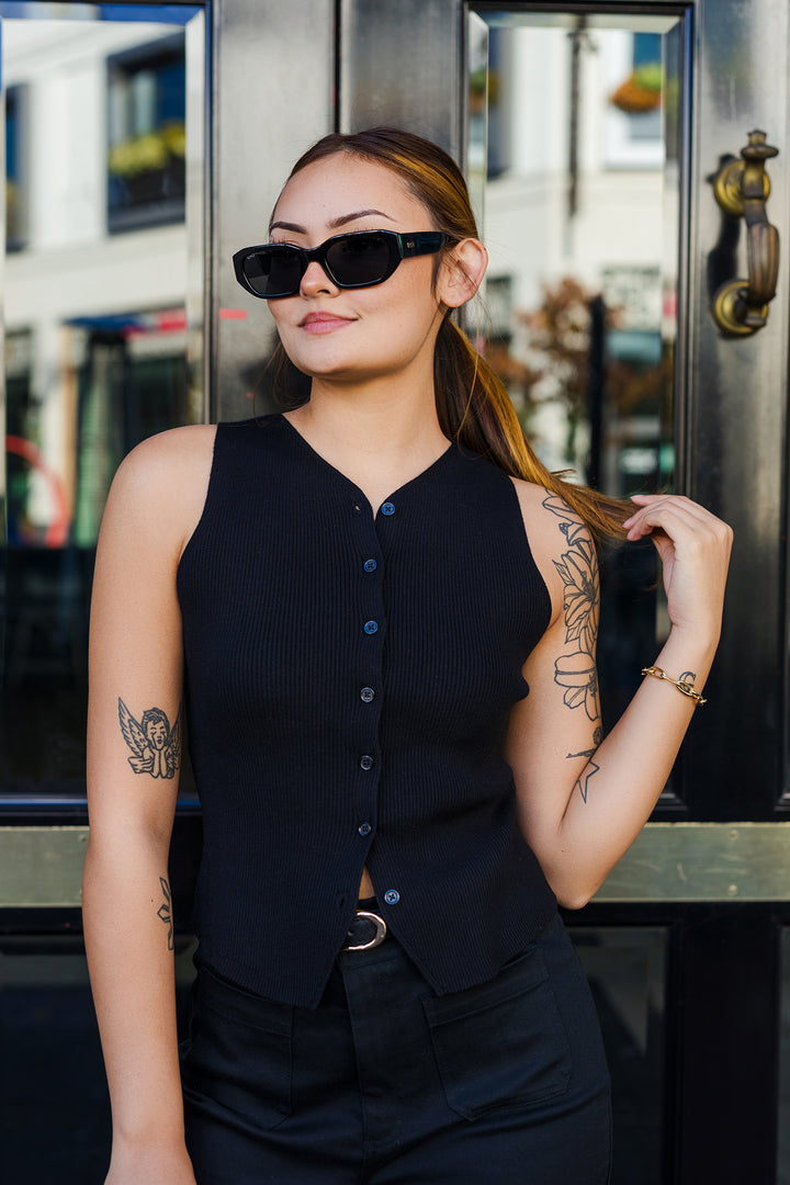 The Split Decision Sleeveless Cardigan