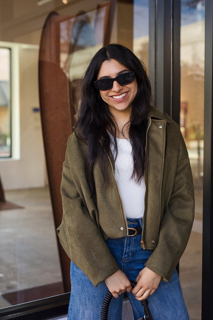 The Downtown It-Girl Suede Bomber Jacket