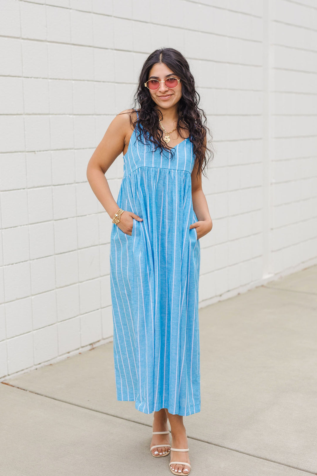 The Country Club Chambray Linen Striped Maxi Dress Small / Blue