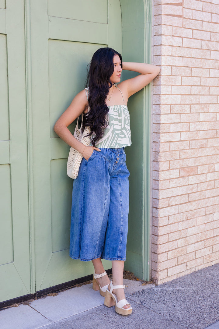 The Greta Stone Washed Cropped Denim Culottes