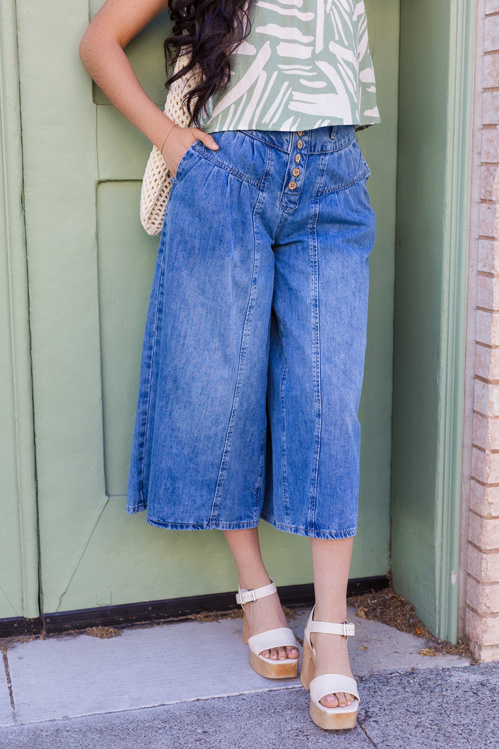 The Greta Stone Washed Cropped Denim Culottes