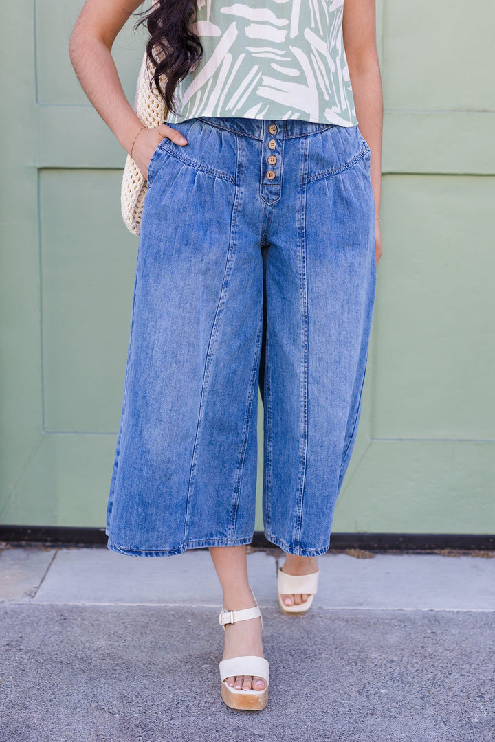 The Greta Stone Washed Cropped Denim Culottes