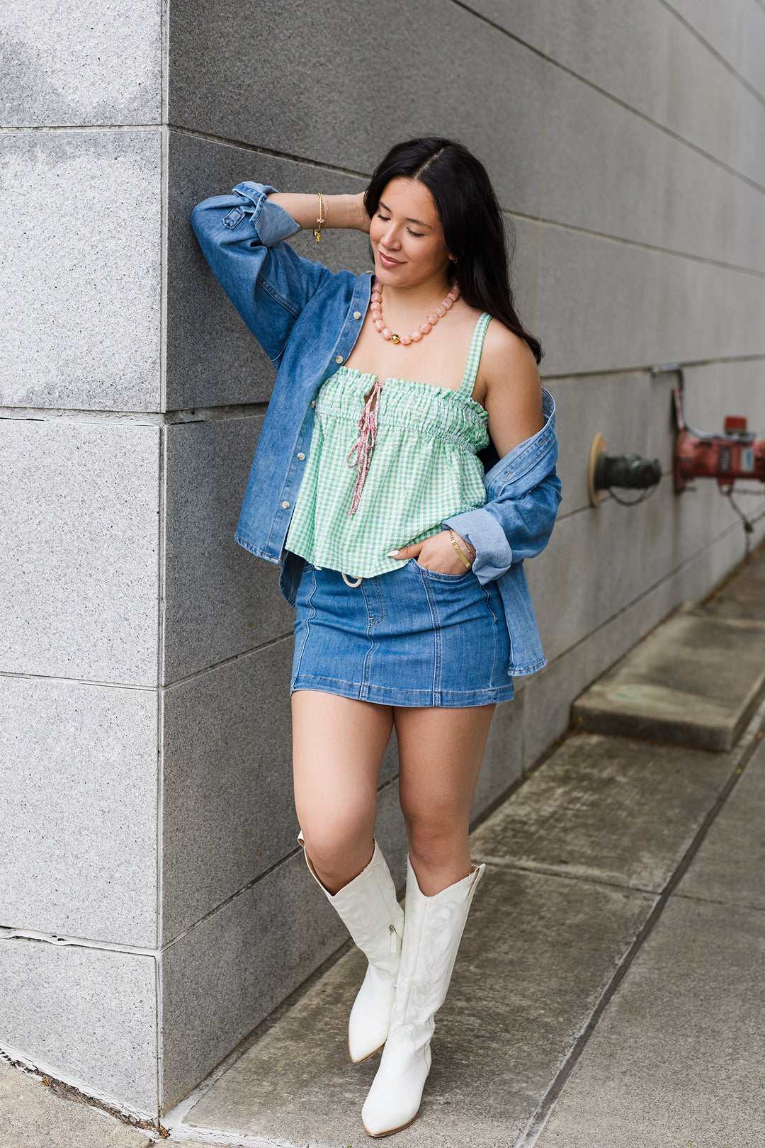 The Marleigh Medium Wash Denim Drawstring Mini Skirt