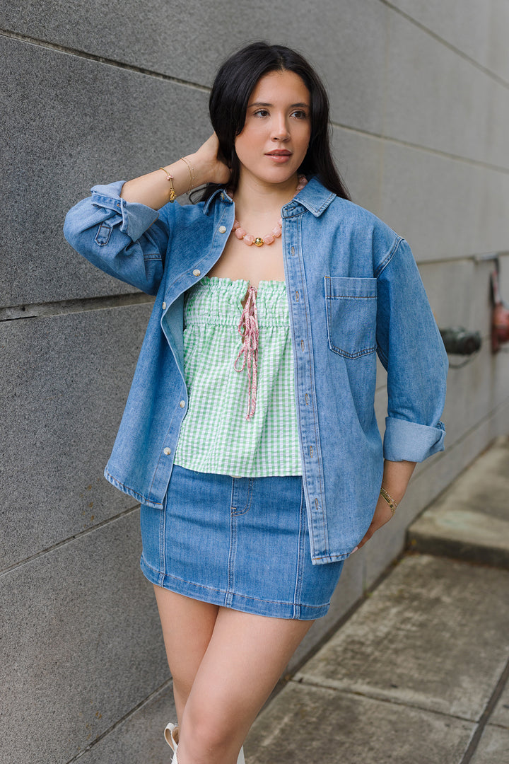 The Marleigh Medium Wash Denim Drawstring Mini Skirt
