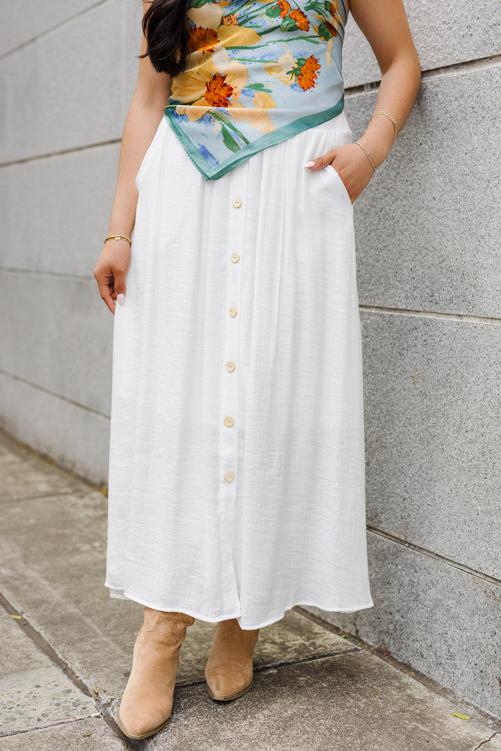 The Saturday Morning White Button Front Midi Skirt