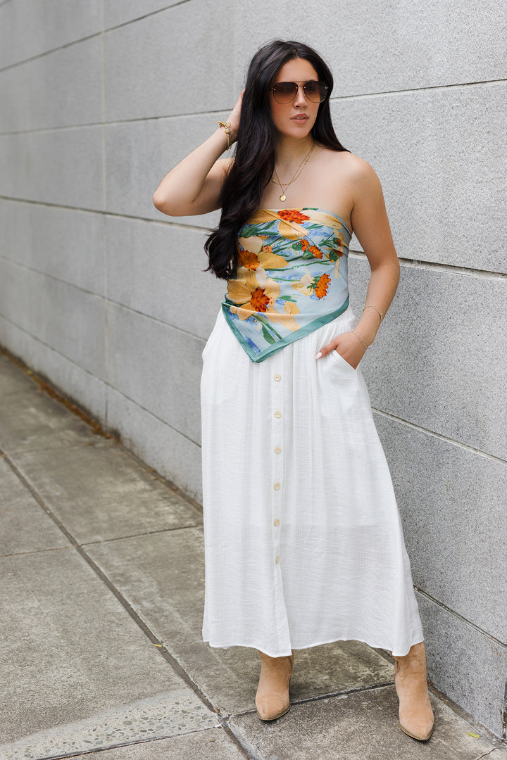The Saturday Morning White Button Front Midi Skirt