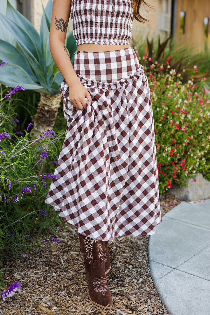 Chocolate Gingham Drop-Waist Midi Skirt - Wild & Free