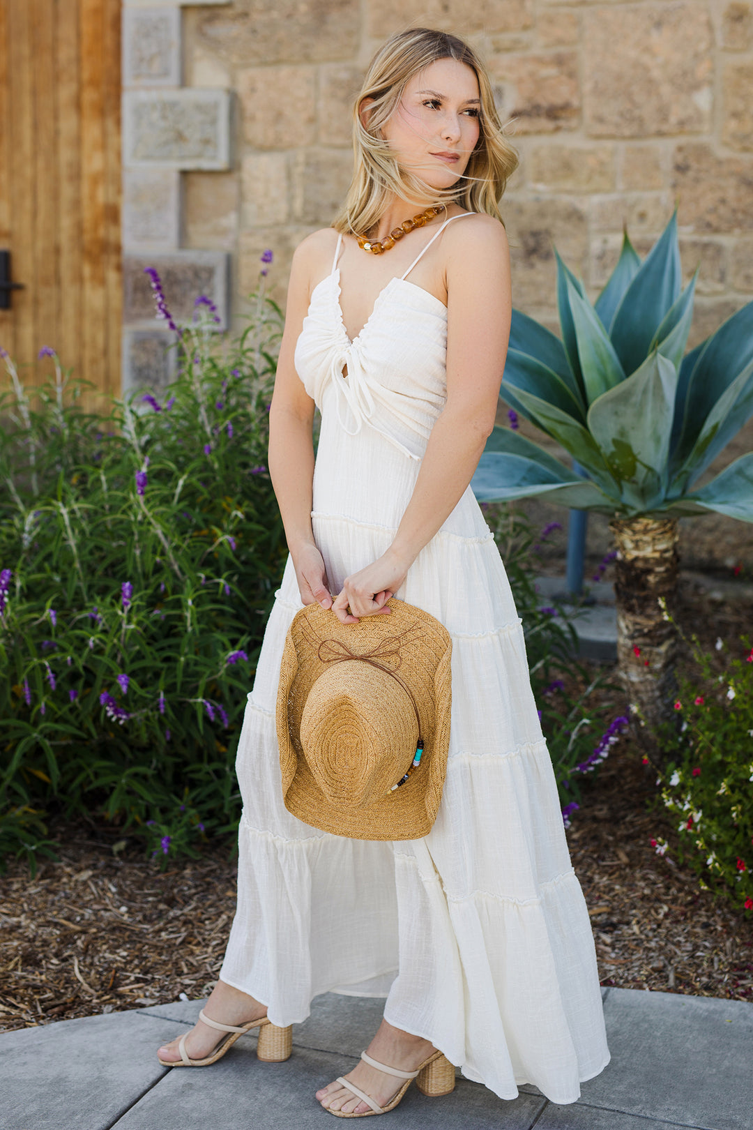 The Run Away Cream Ruffled Halter Maxi Dress