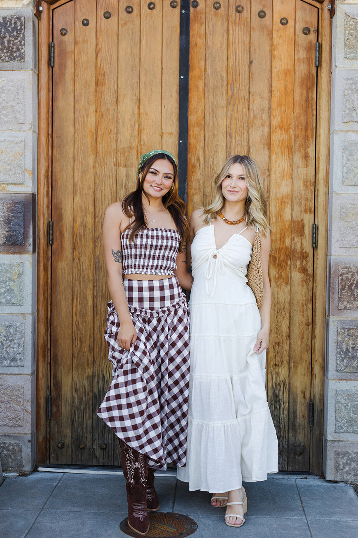 The Run Away Cream Ruffled Halter Maxi Dress