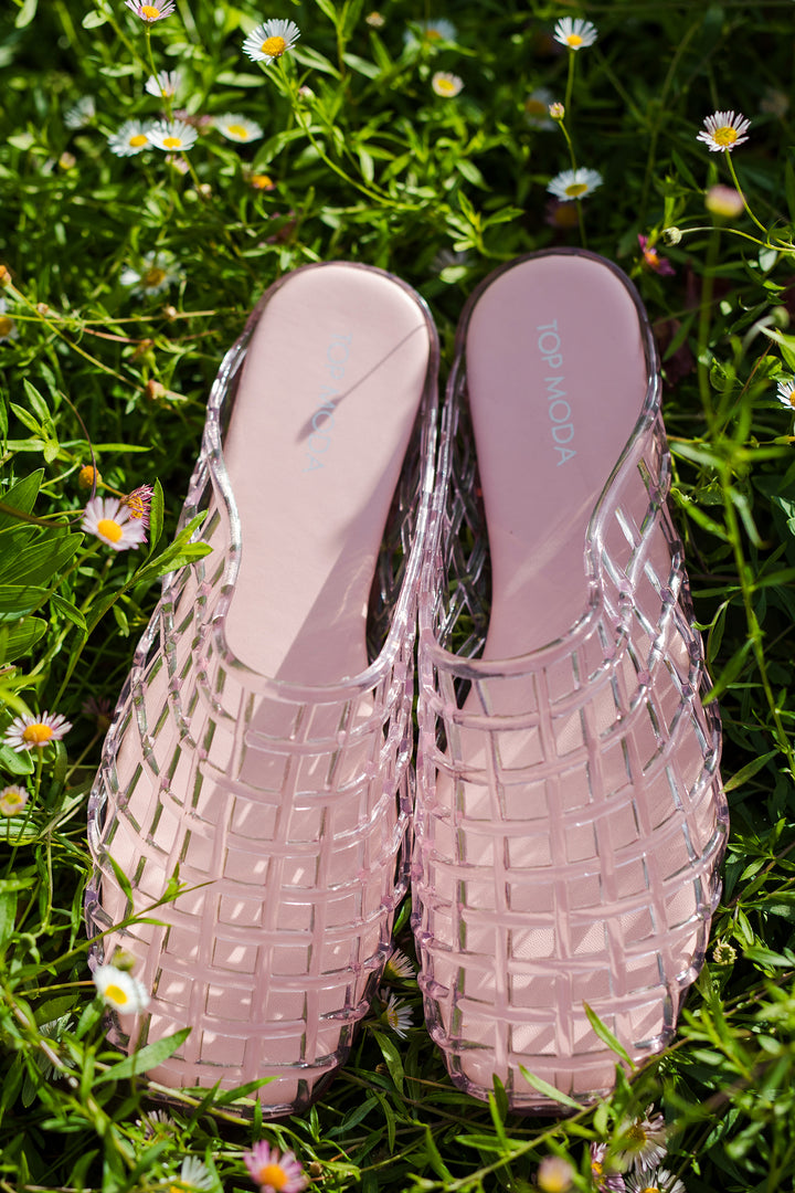 The Modern Lattice Woven Pink Jelly Mule Flats