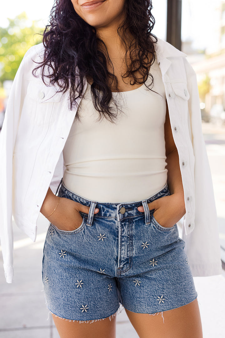 The Picking Daisies Embroidered Denim Shorts