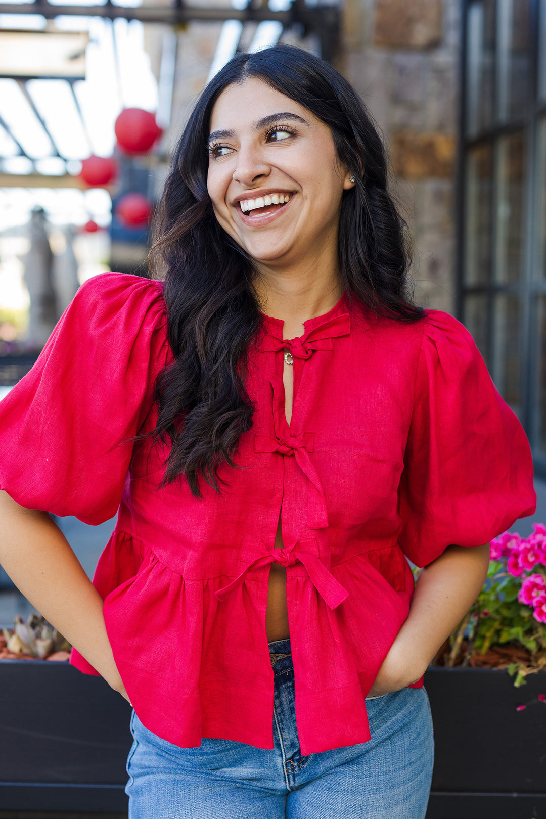 The Bring It Back Red Tie Front Linen Top