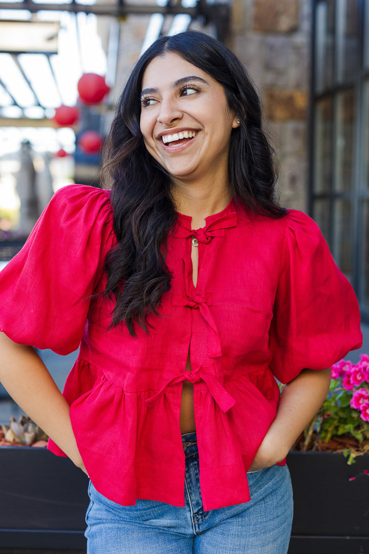 The Bring It Back Red Tie Front Linen Top