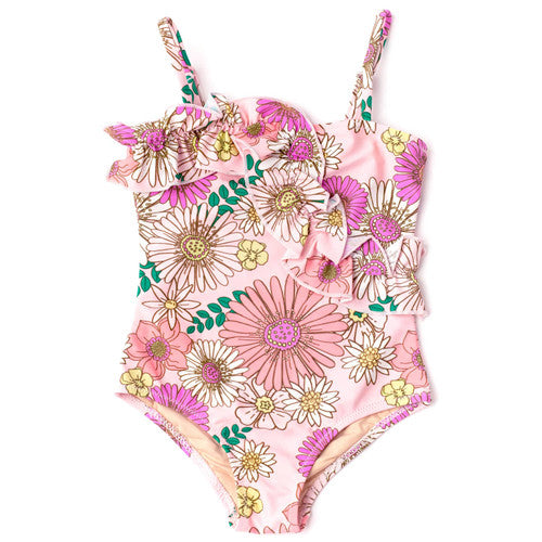 Girls Retro Blossom Ruffled One Piece Swimsuit