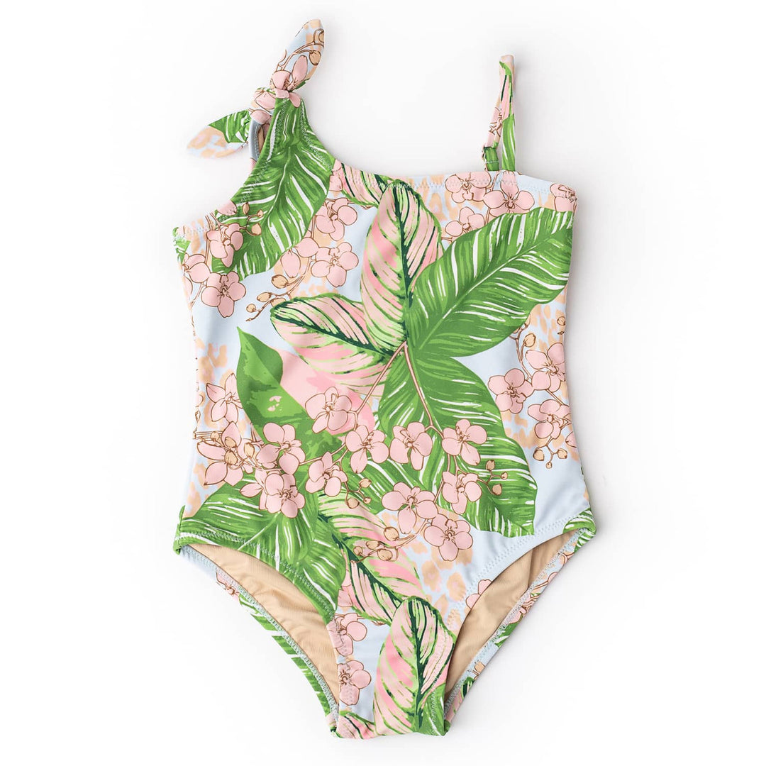 Girls Botanical Palms One Shoulder One Piece Swimsuit