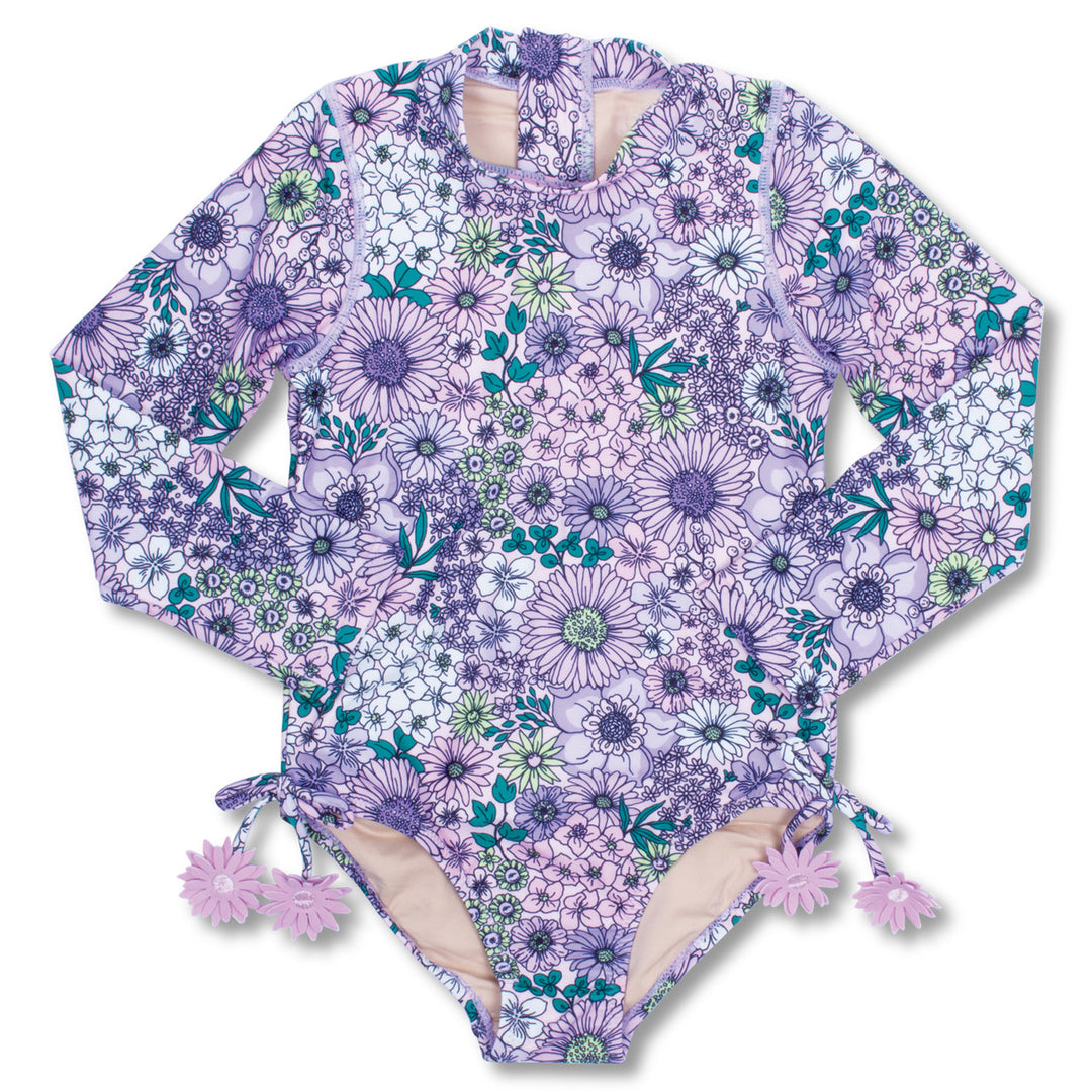 Girls Mod Purple Floral One Piece Long Sleeve Swimsuit