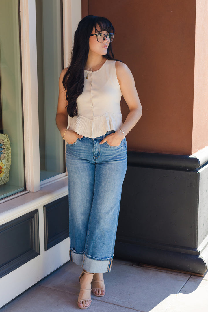 The Day To Night Cream Ruffle Hem Cardigan Sweater Tank