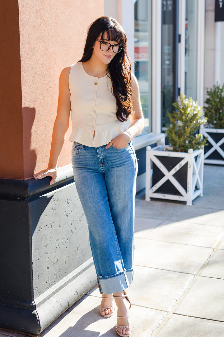 The Day To Night Cream Ruffle Hem Cardigan Sweater Tank