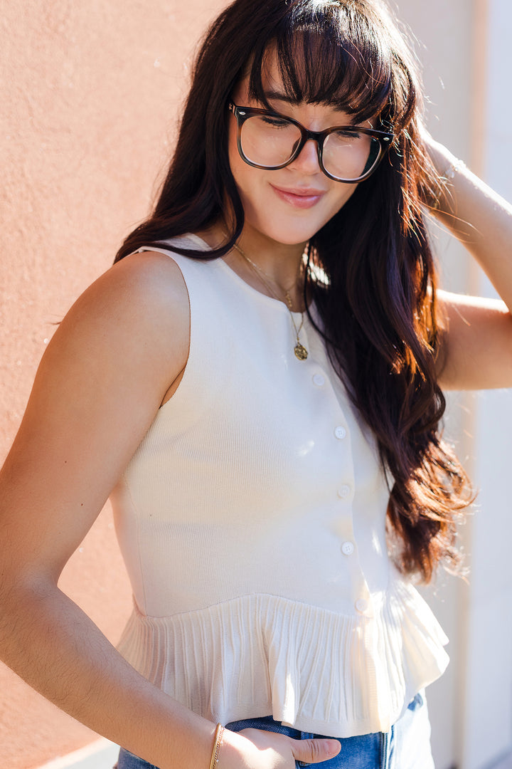 The Day To Night Cream Ruffle Hem Cardigan Sweater Tank