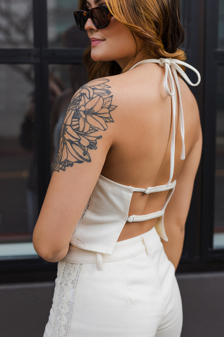 The Lace is the Point Denim Halter Top