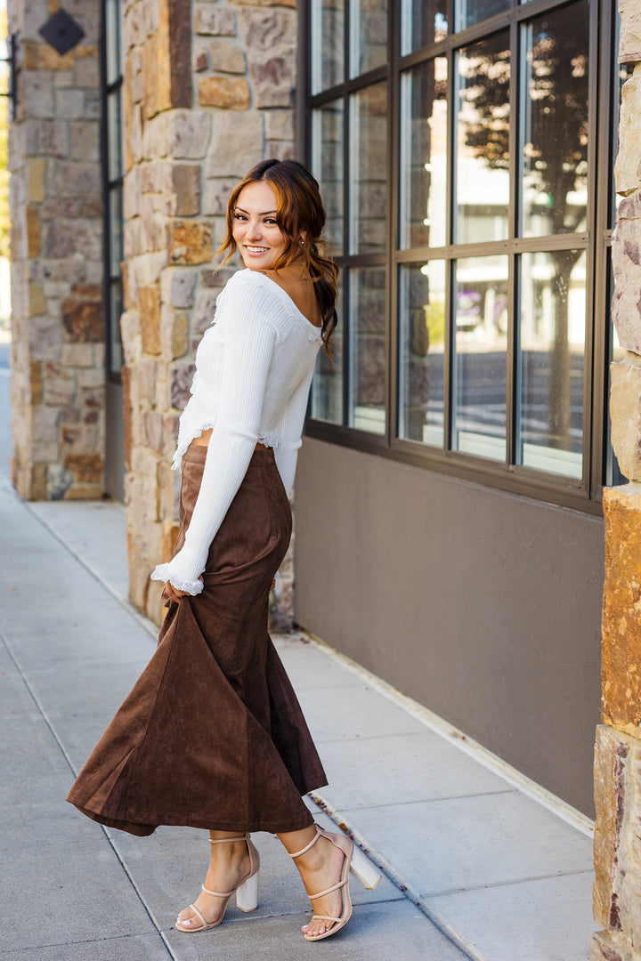The Isabella Chocolate Suede Midi Skirt