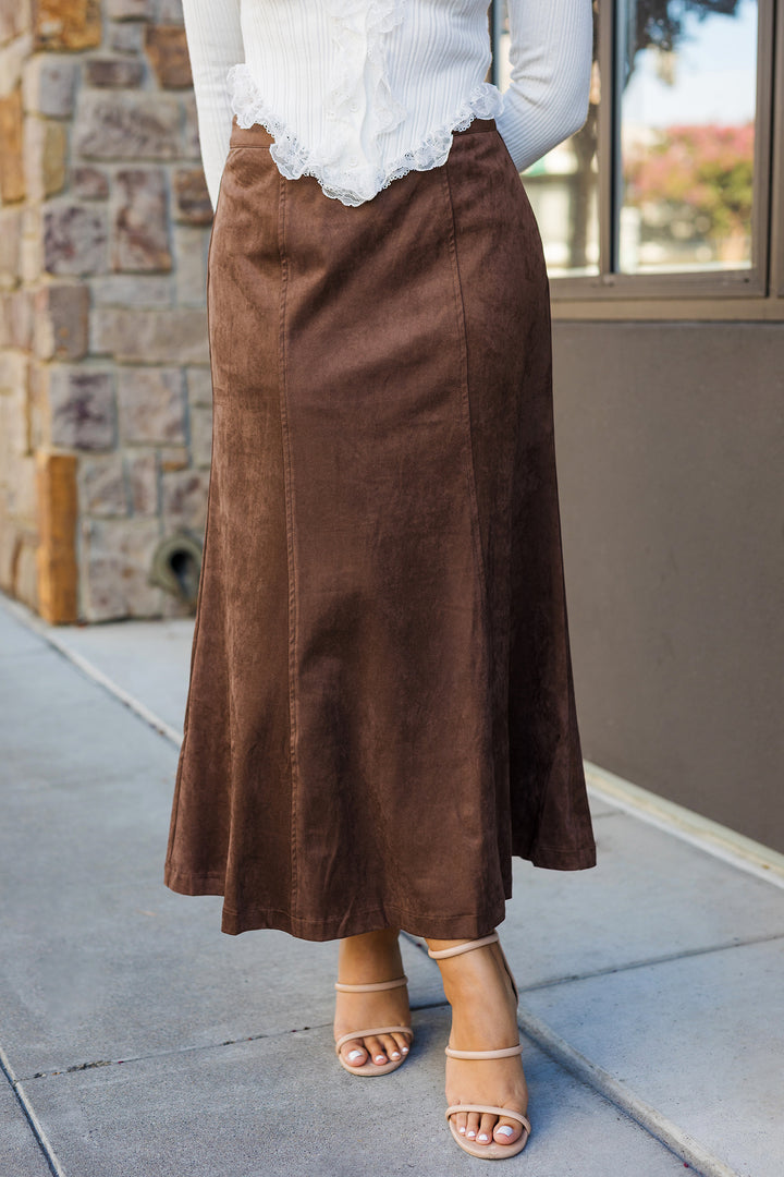 The Isabella Chocolate Suede Midi Skirt