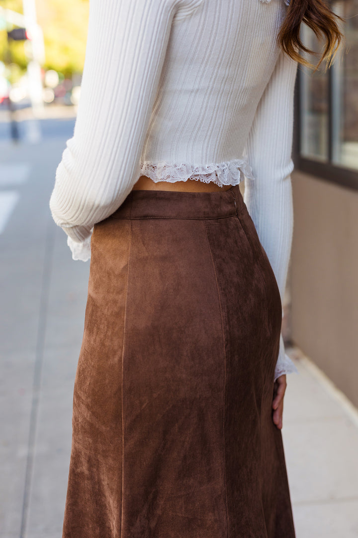 The Isabella Chocolate Suede Midi Skirt