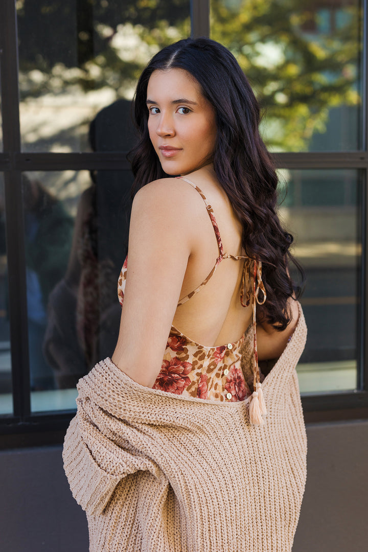 The Forever Autumn Floral Print Open Back Maxi Dress