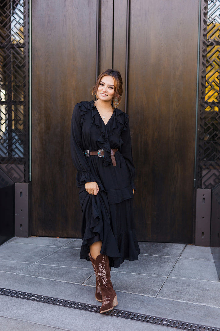 The Selena Black Ruffled Long Sleeve Maxi Dress