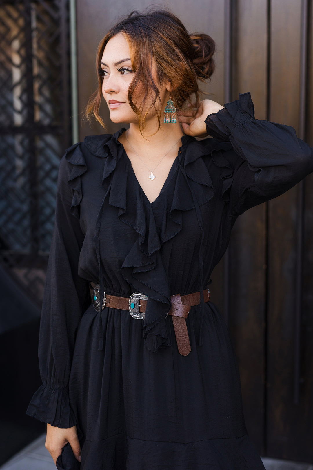 The Selena Black Ruffled Long Sleeve Maxi Dress
