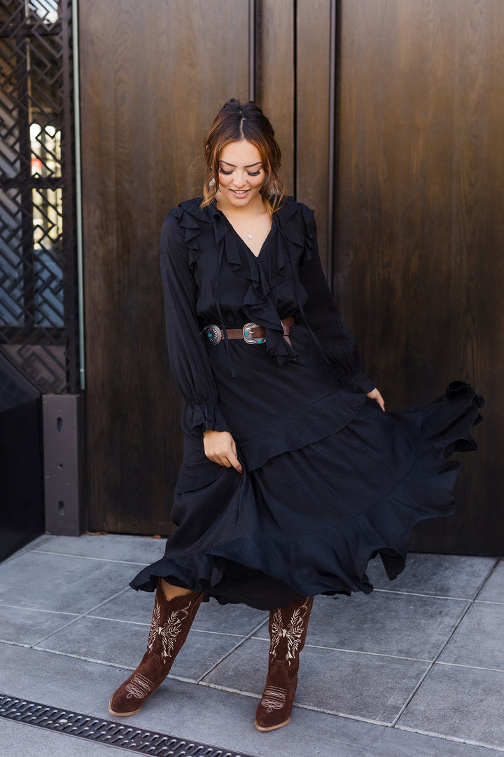 The Selena Black Ruffled Long Sleeve Maxi Dress