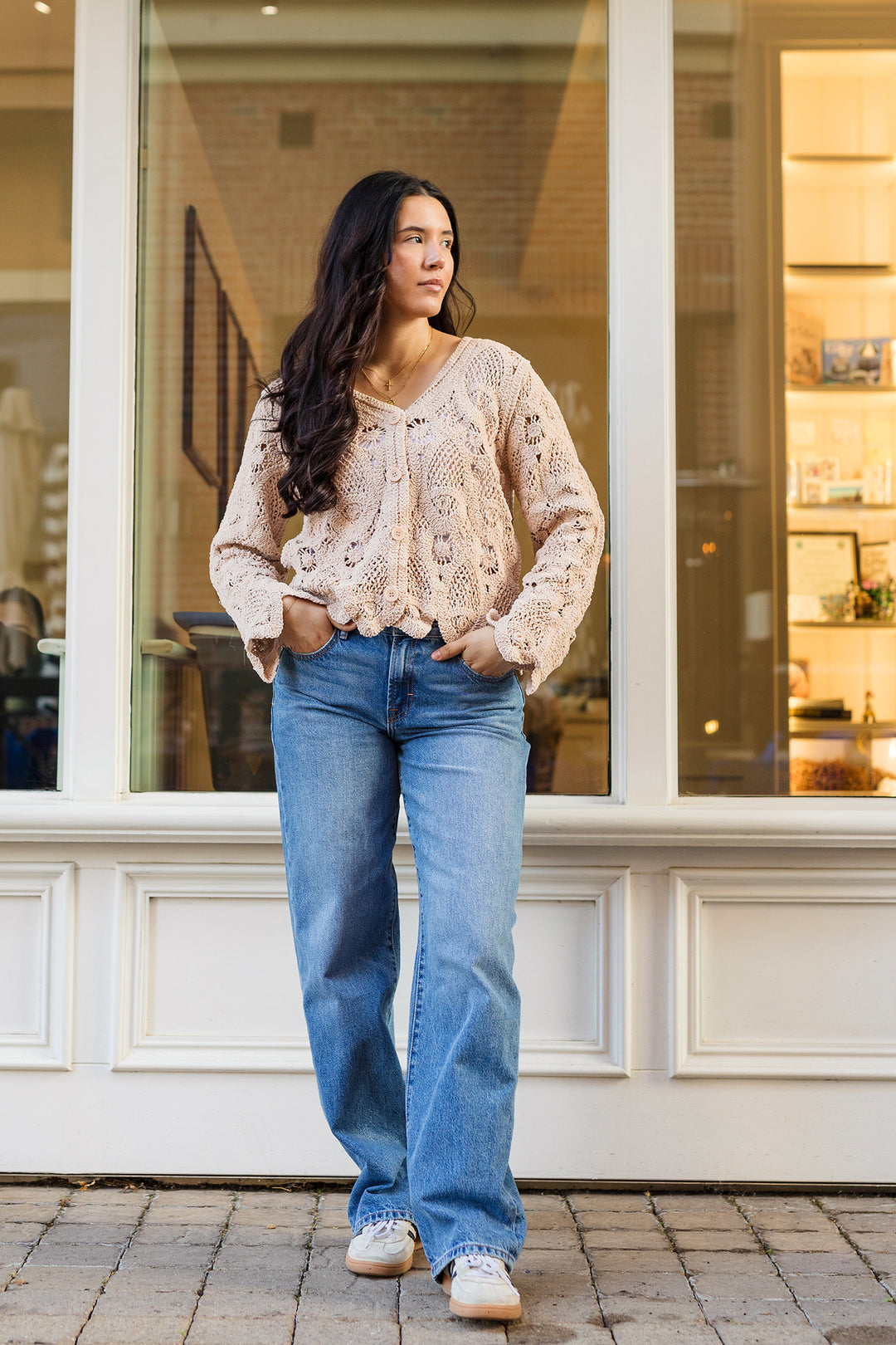 The Amelia Mocha Crochet Knit Cardigan Sweater