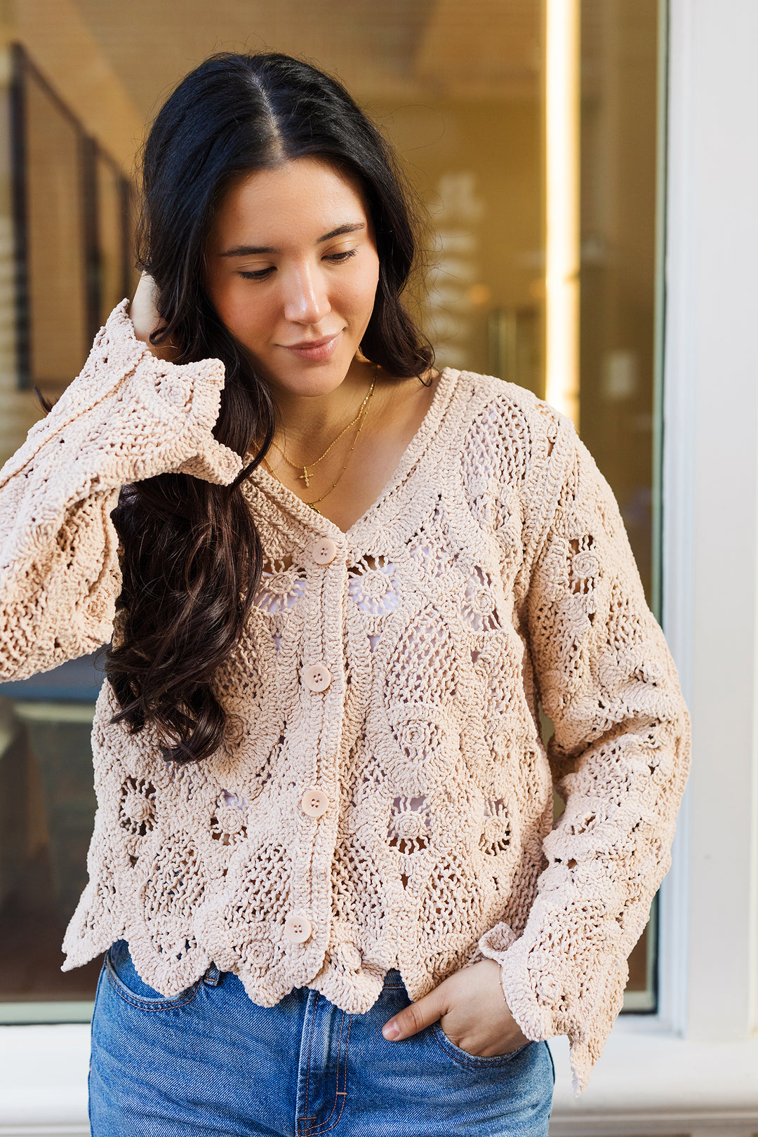 The Amelia Mocha Crochet Knit Cardigan Sweater