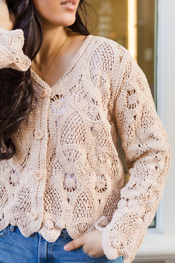 The Amelia Mocha Crochet Knit Cardigan Sweater
