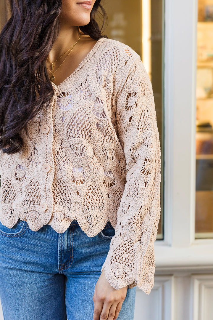 The Amelia Mocha Crochet Knit Cardigan Sweater