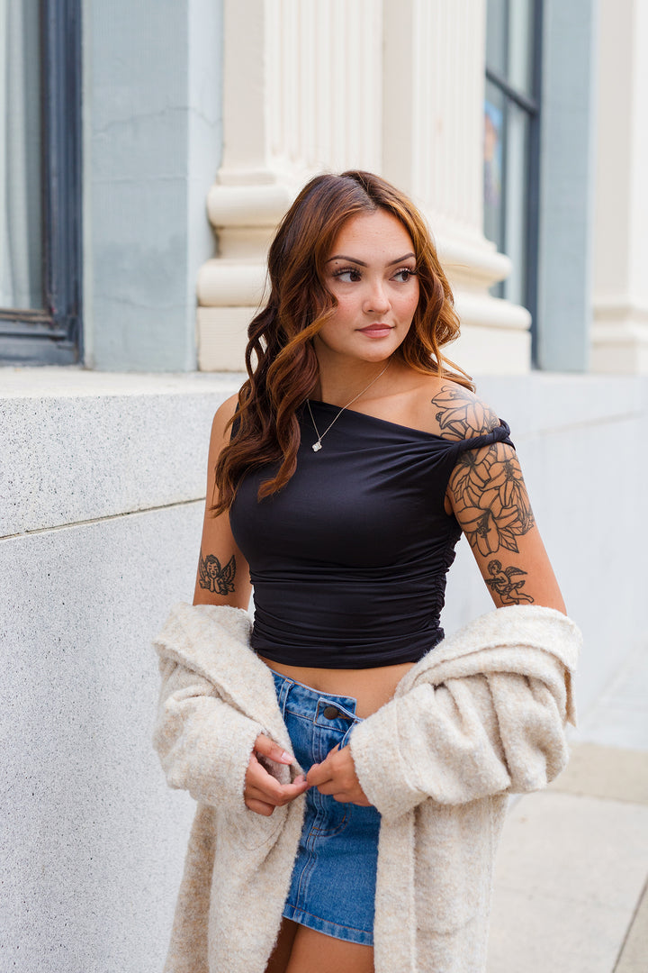 The Twist of Fate Off-Shoulder Knit Top
