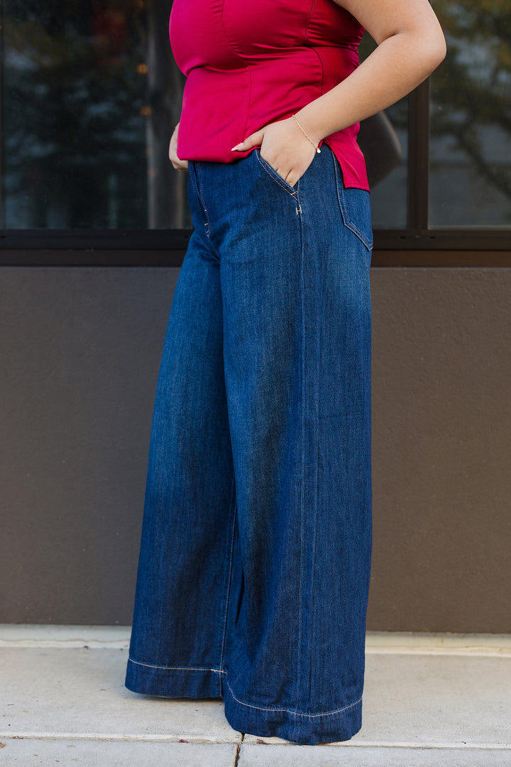 The Georgia Dark Wash Clean Soft High Rise Super Wide Leg by Hidden