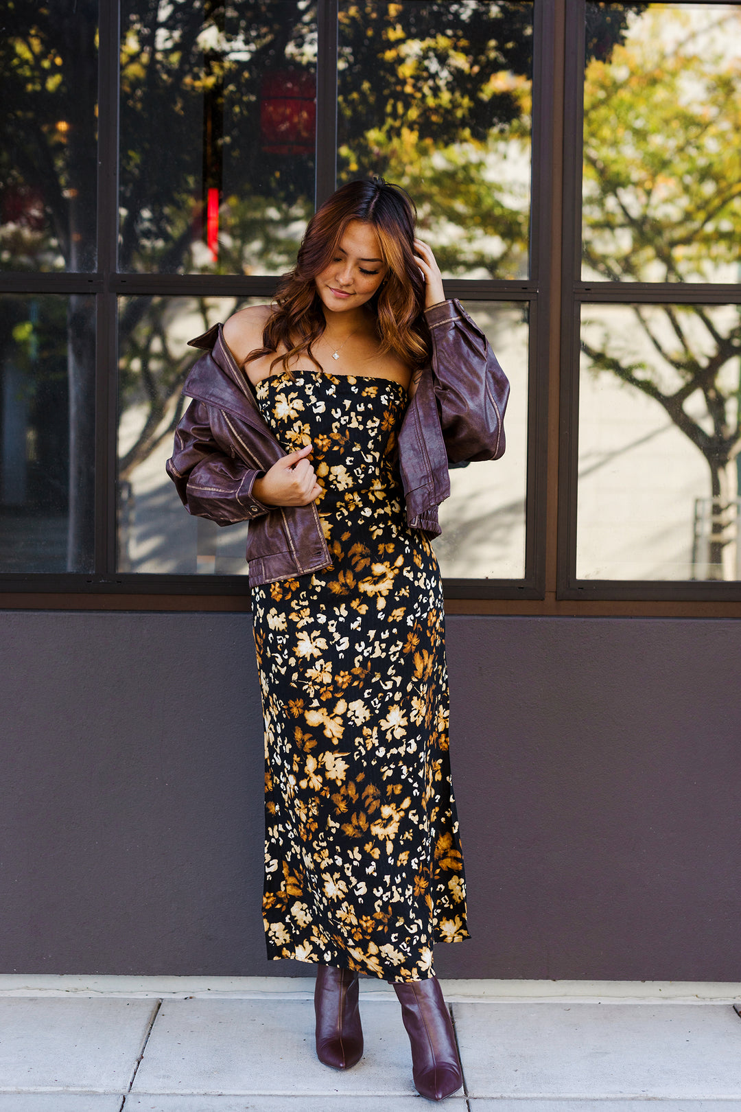 The Golden Leaves Strapless Maxi Dress