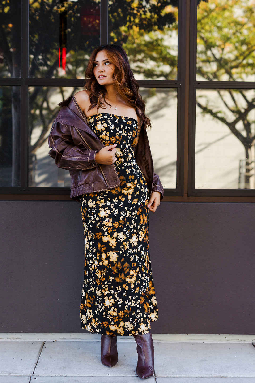 The Golden Leaves Strapless Maxi Dress