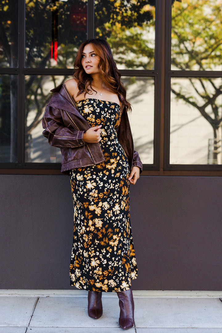 The Golden Leaves Strapless Maxi Dress