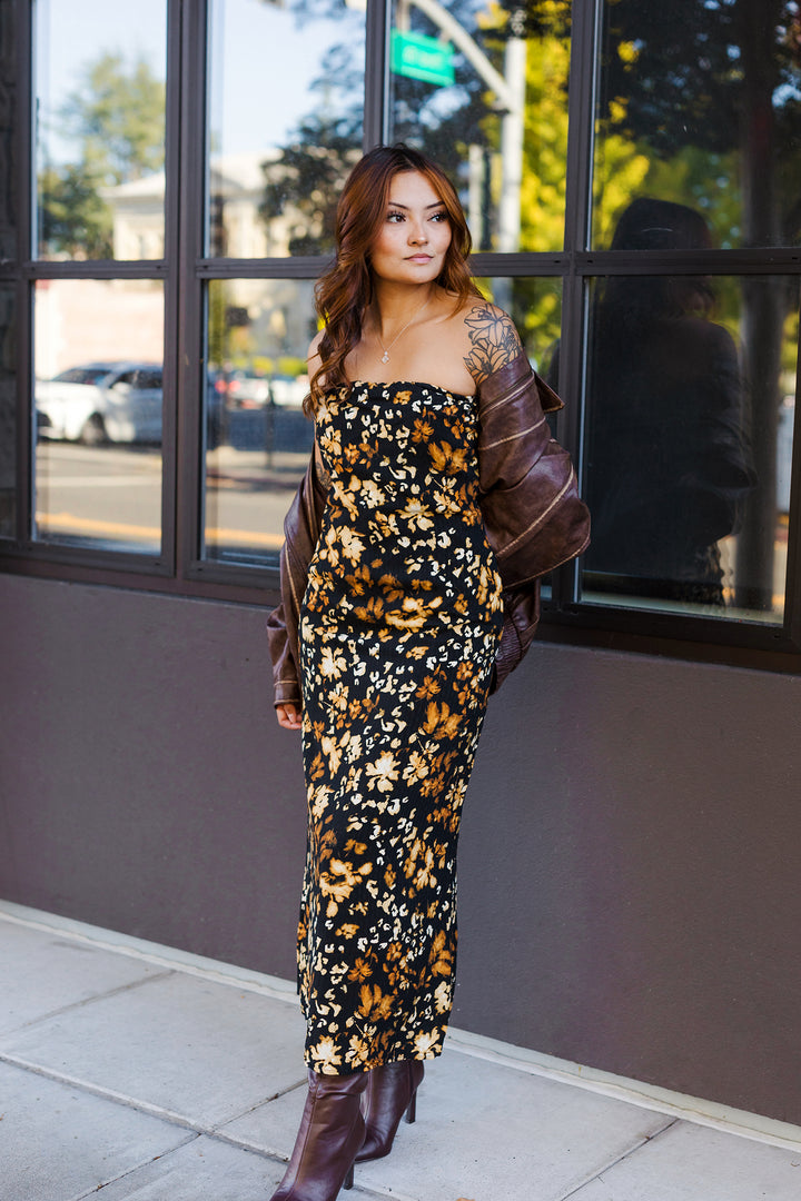 The Golden Leaves Strapless Maxi Dress