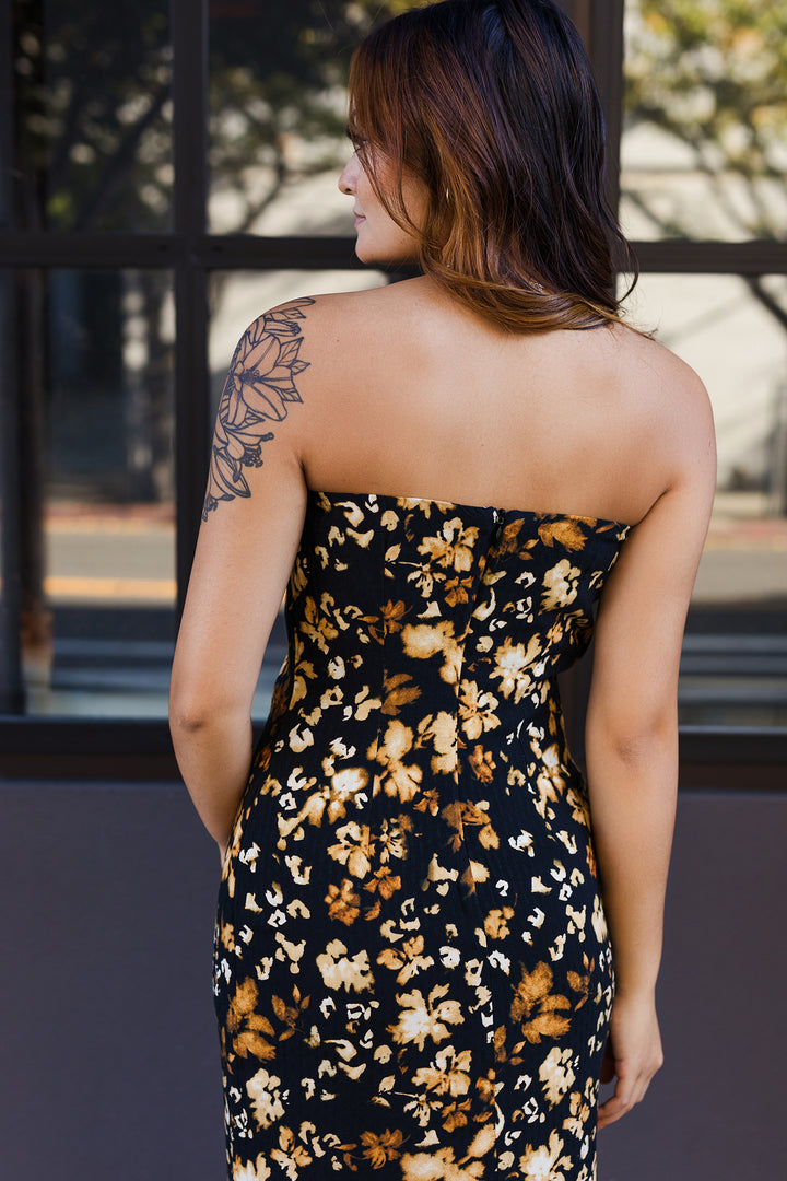 The Golden Leaves Strapless Maxi Dress