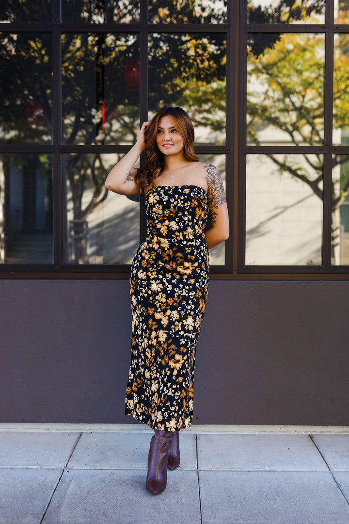 The Golden Leaves Strapless Maxi Dress