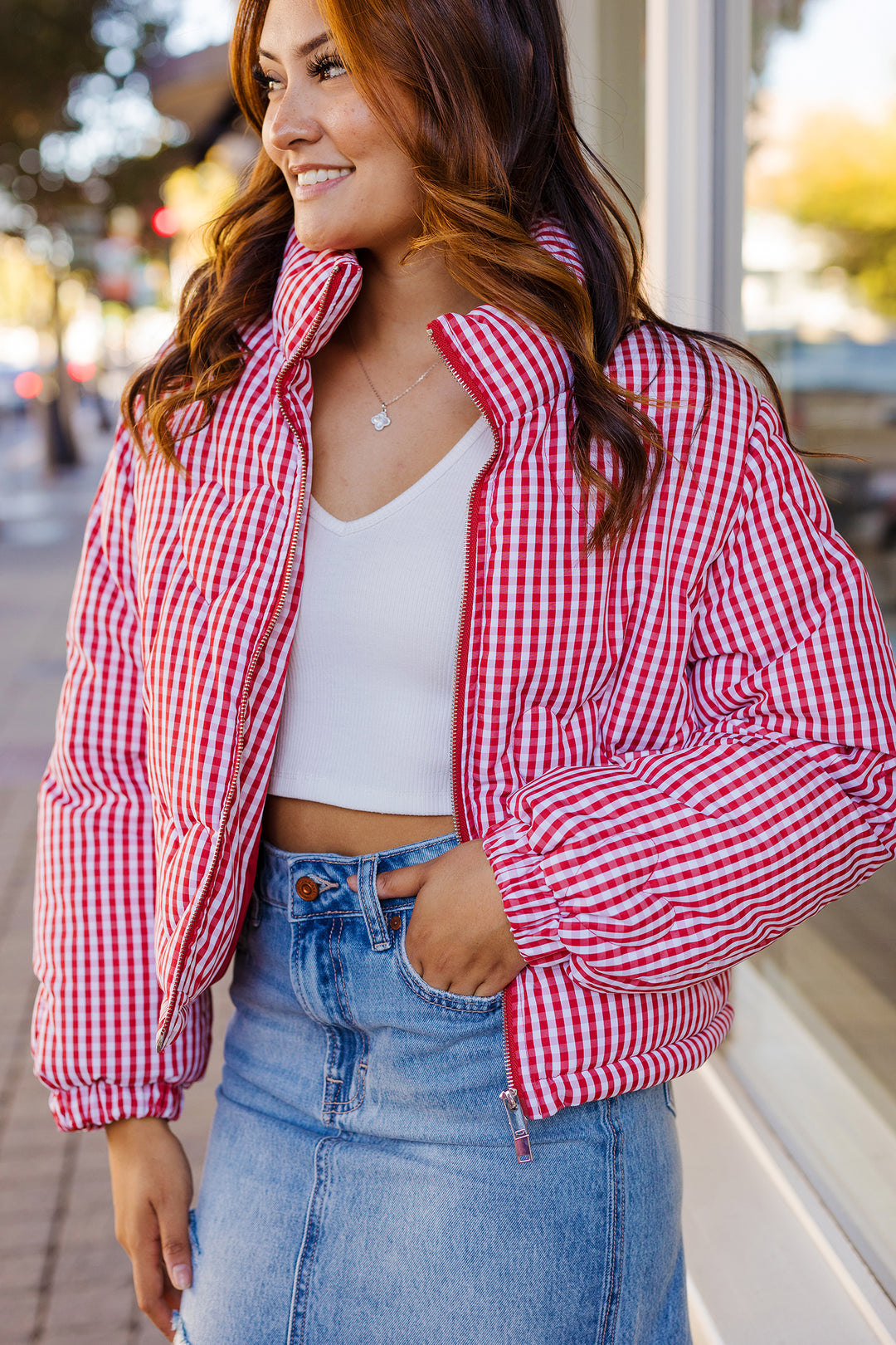 The Love Big Red Quilted Gingham Jacket